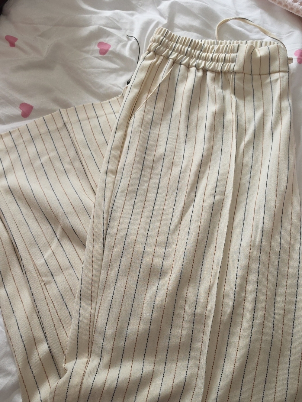 Wide Leg Striped Pull-On Pants in Cream